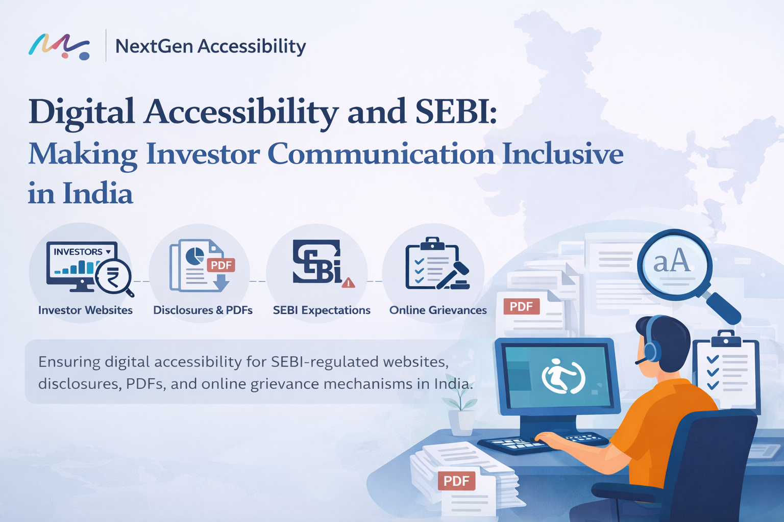 Illustrated banner on digital accessibility and SEBI, showing inclusive investor websites, accessible PDFs, regulatory expectations, and online grievance mechanisms in India.